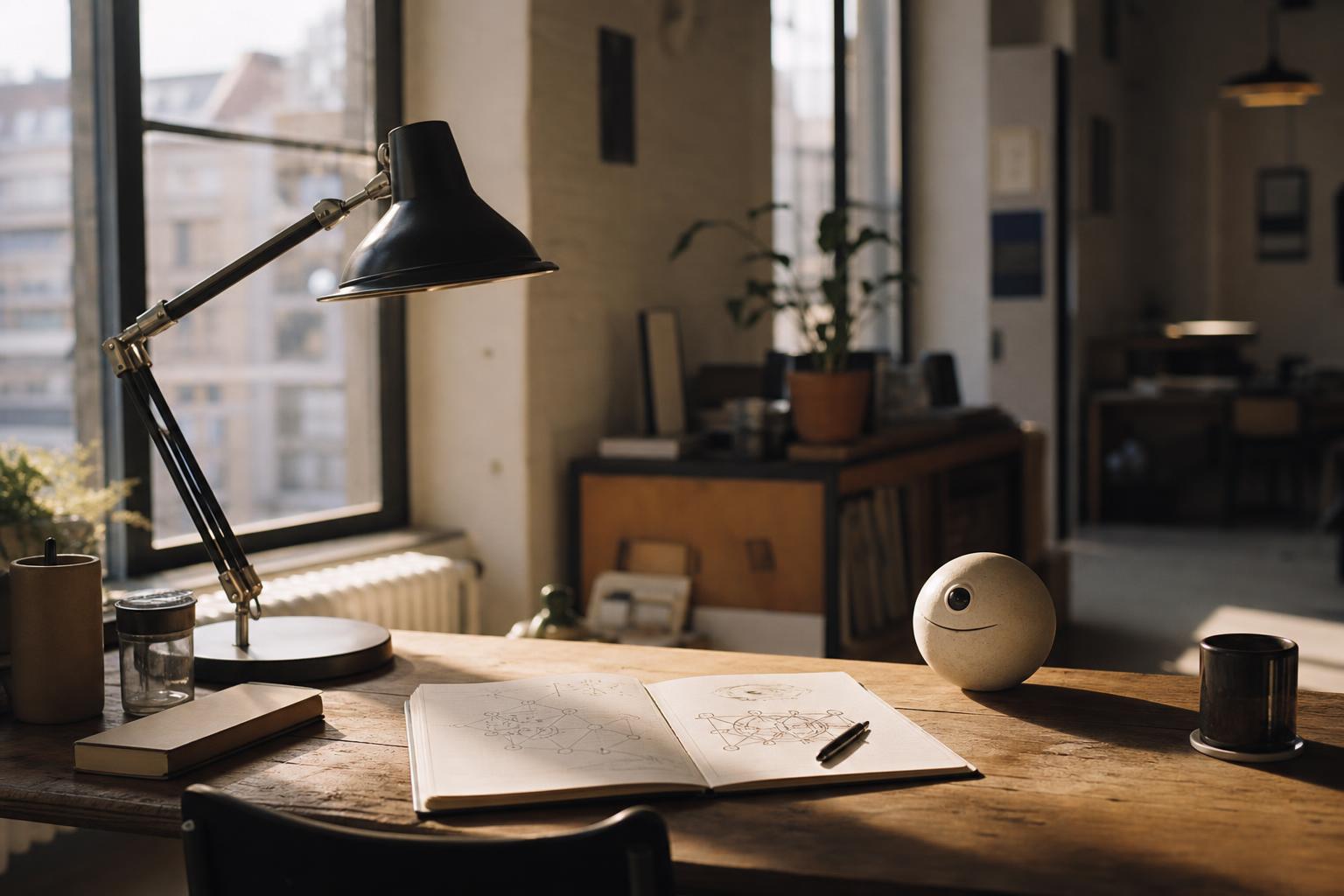 A sunlit window with a plant and an open book on a wooden desk